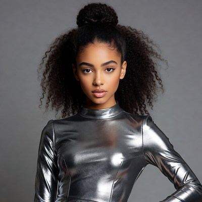 African-American woman in silver bodysuit