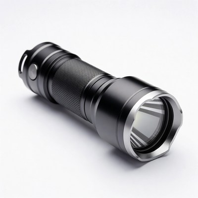 Black tactical flashlight isolated
