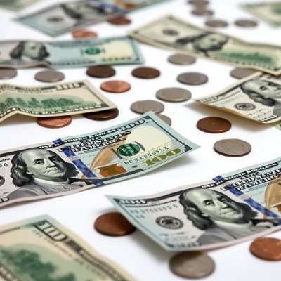 Scattered US Dollars and Coins