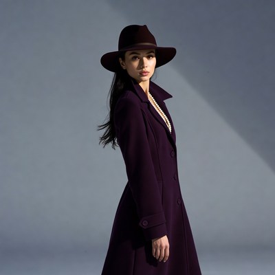 Woman in purple coat and fedora hat