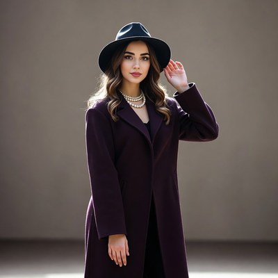 Woman in black hat and purple coat