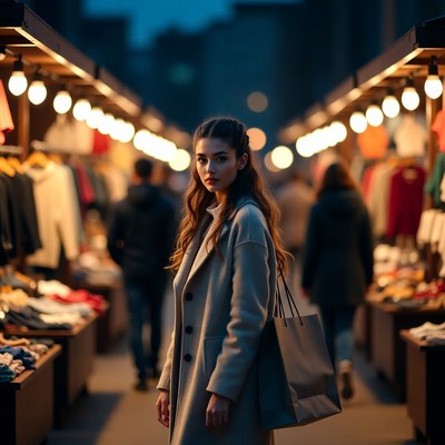 Woman with shopping bag at night market
