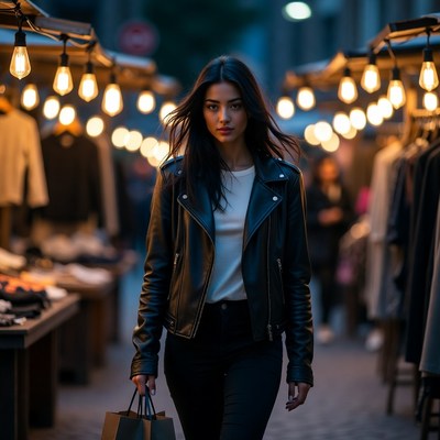 Asian woman in leather jacket at night market