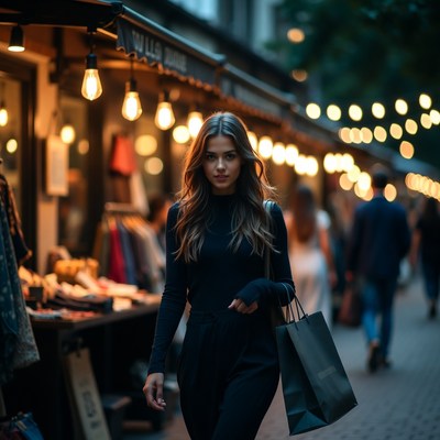 Woman walking with shopping bag at night market