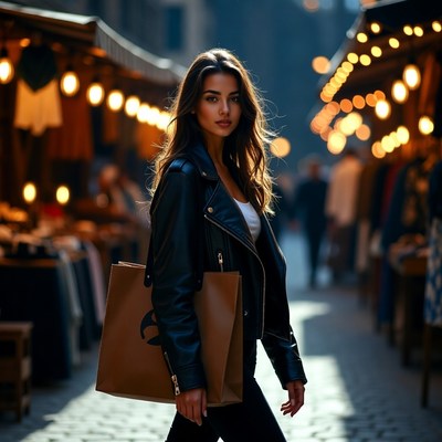Woman with shopping bag at night market