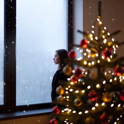 Woman gazing out snowy window by Christmas tree