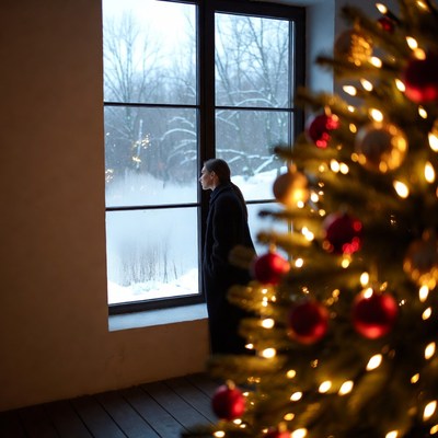 Woman gazing out snowy window near Christmas tree