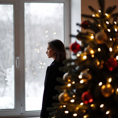 Woman gazing out snowy window by Christmas tree