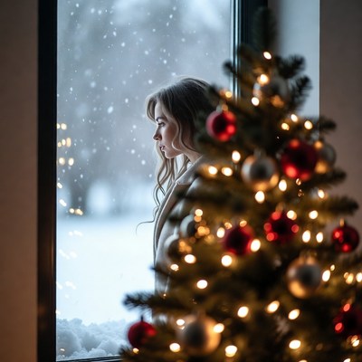 Woman gazing out snowy window by Christmas tree