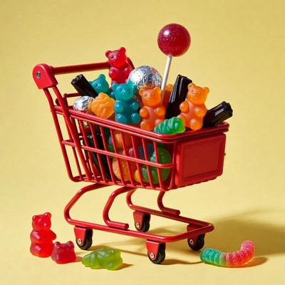 Mini red shopping cart with gummy bears