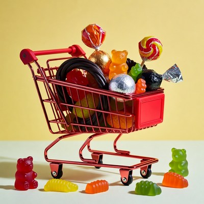 Red Shopping Cart Filled with Candy