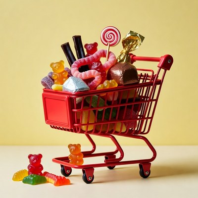 Red Shopping Cart Filled with Candy