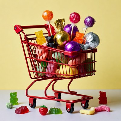 Red Shopping Cart Filled with Candy
