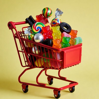 Red Shopping Cart Filled with Candy