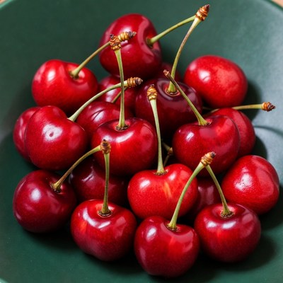 Red Cherries in Green Bowl
