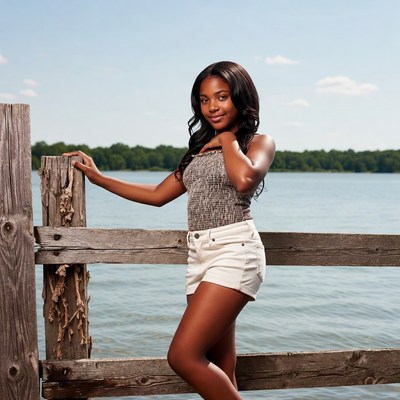 Young Black woman leaning on dock by lake