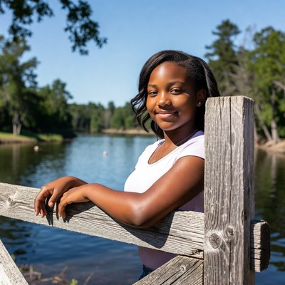 African-American girl leaning on wooden fence by lake