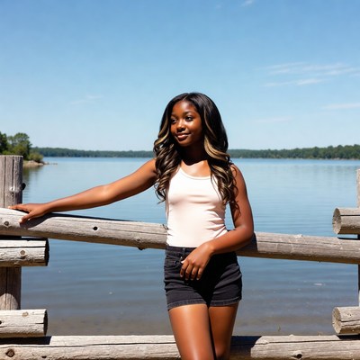 African-American girl leaning on lakeside fence