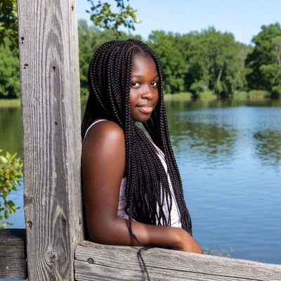 African-American girl leaning on wooden pier by lake