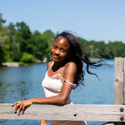 Black girl leaning on dock by lake