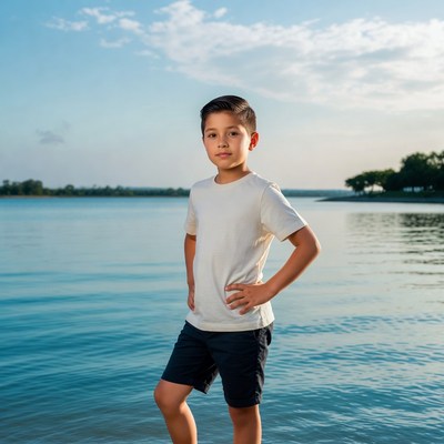 Young Latino boy by lake