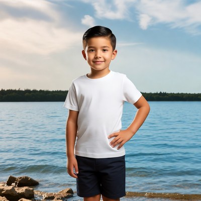 Asian boy standing by lake