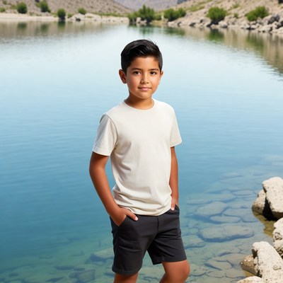 Young Latino boy by mountain lake