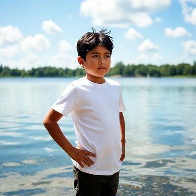 Young boy standing by lake