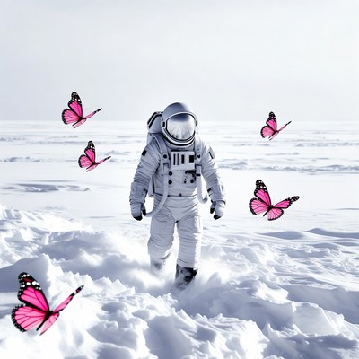 Astronaut walking in snow with pink butterflies