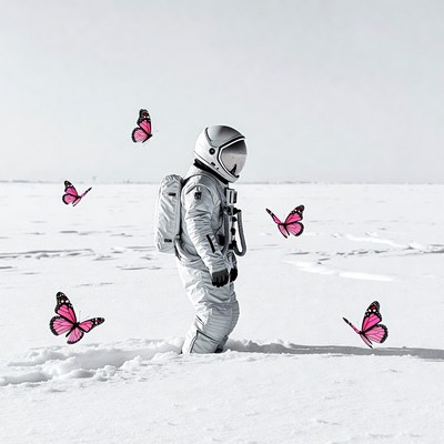 Astronaut with pink butterflies in snow