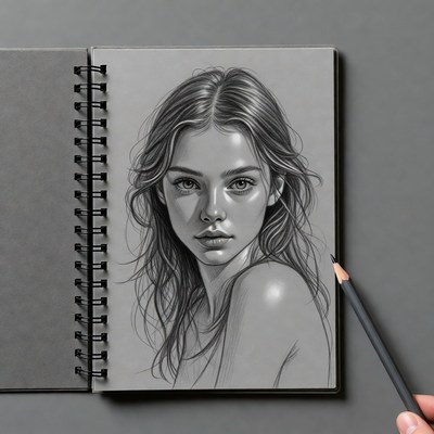 Pencil sketch of woman in sketchbook