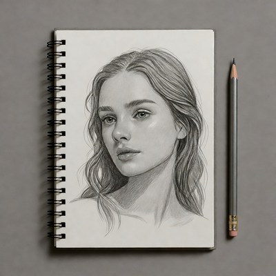 Pencil sketch of woman in sketchbook
