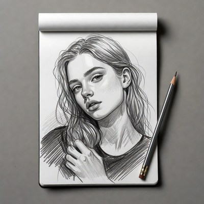 Pencil sketch of young woman on sketchpad