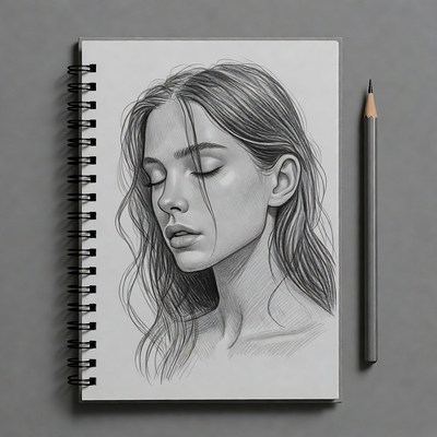 Pencil sketch of woman in sketchbook