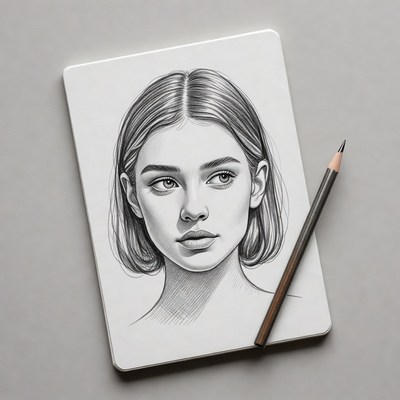 Pencil sketch of young woman with pencil
