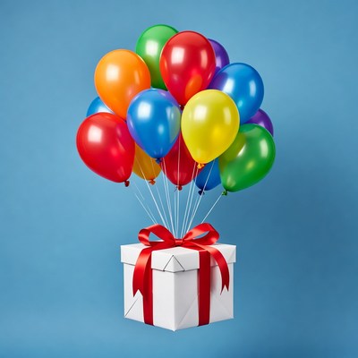 Colorful Balloons Over White Gift Box