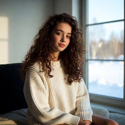 Curly-haired woman in white sweater by window