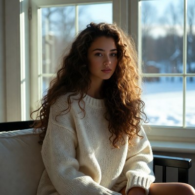 Woman with curly hair by snowy window