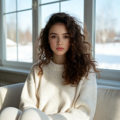 Curly-haired woman by snowy window