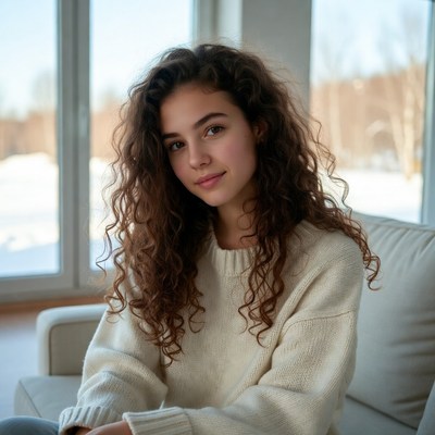 Teen girl with curly hair on sofa