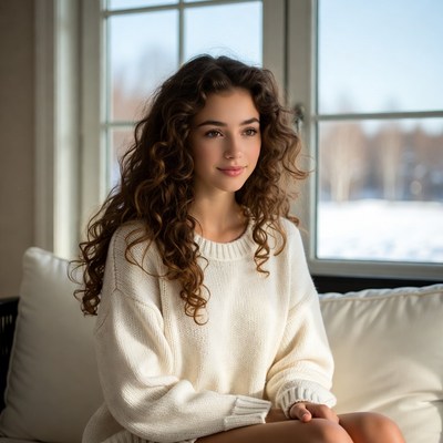 Young woman in white sweater by snowy window