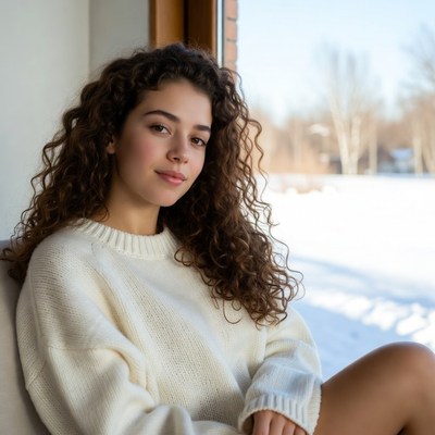 Curly-haired girl in white sweater by snowy window