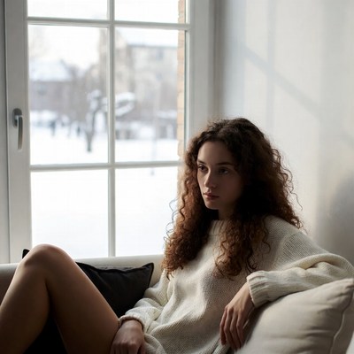 Woman gazing out snowy window