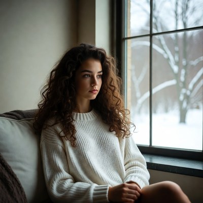 Woman gazing out snowy window
