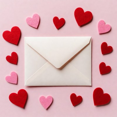 White Envelope with Felt Hearts