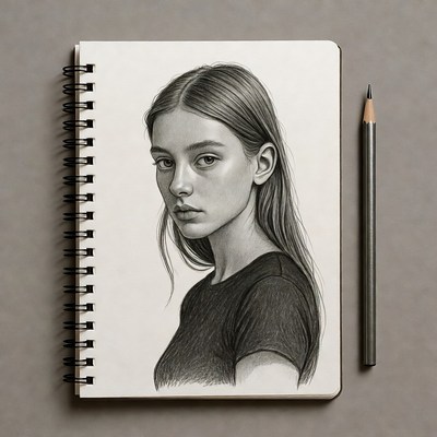 Pencil sketch of young woman in sketchbook