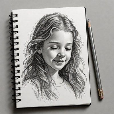 Pencil sketch of smiling girl in sketchbook