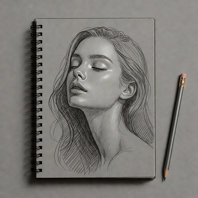 Pencil sketch of serene woman in notebook