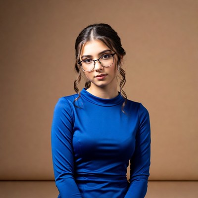 Young woman in blue turtleneck glasses