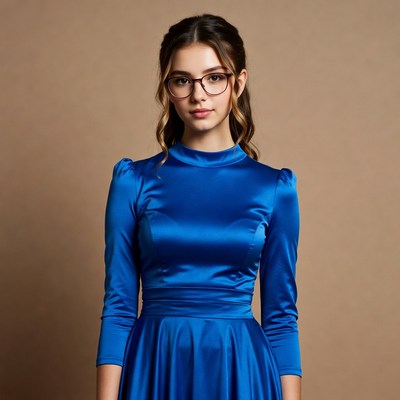 Young woman in blue satin dress